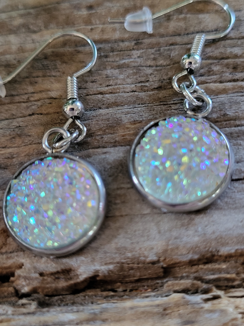 White Iridescent Druzy Drop Earrings
